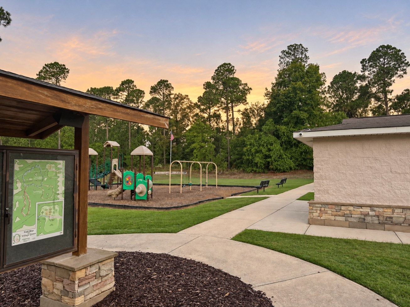 Trail map kiosk, playground, and walkways at Foxfire Village Green at dusk