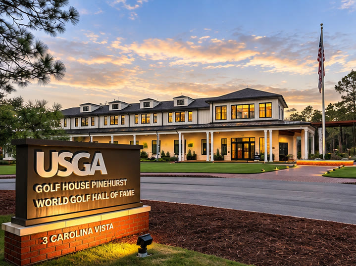 USGA Golf House Pinehurst and World Golf Hall of Fame sign at 3 Carolina Vista, with the clubhouse behind it at sunset