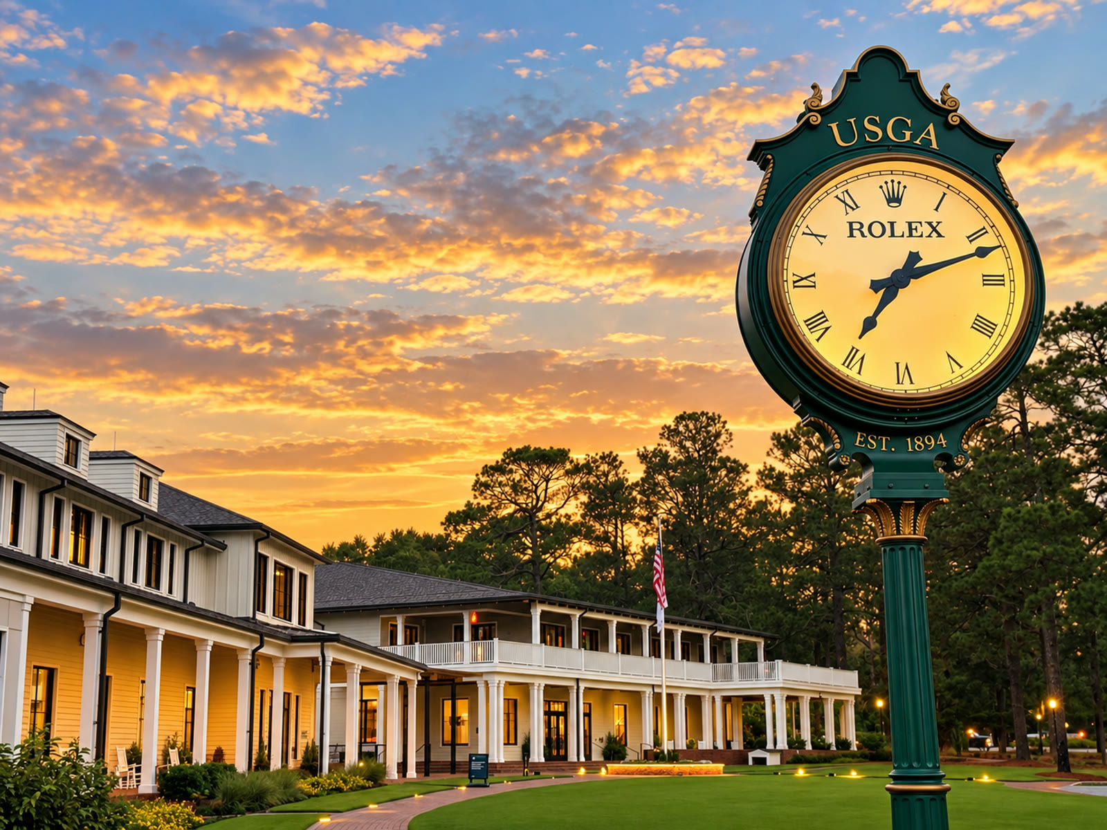 USGA clock on the lawn at Golf House Pinehurst with the clubhouse and longleaf pines behind it at golden hour