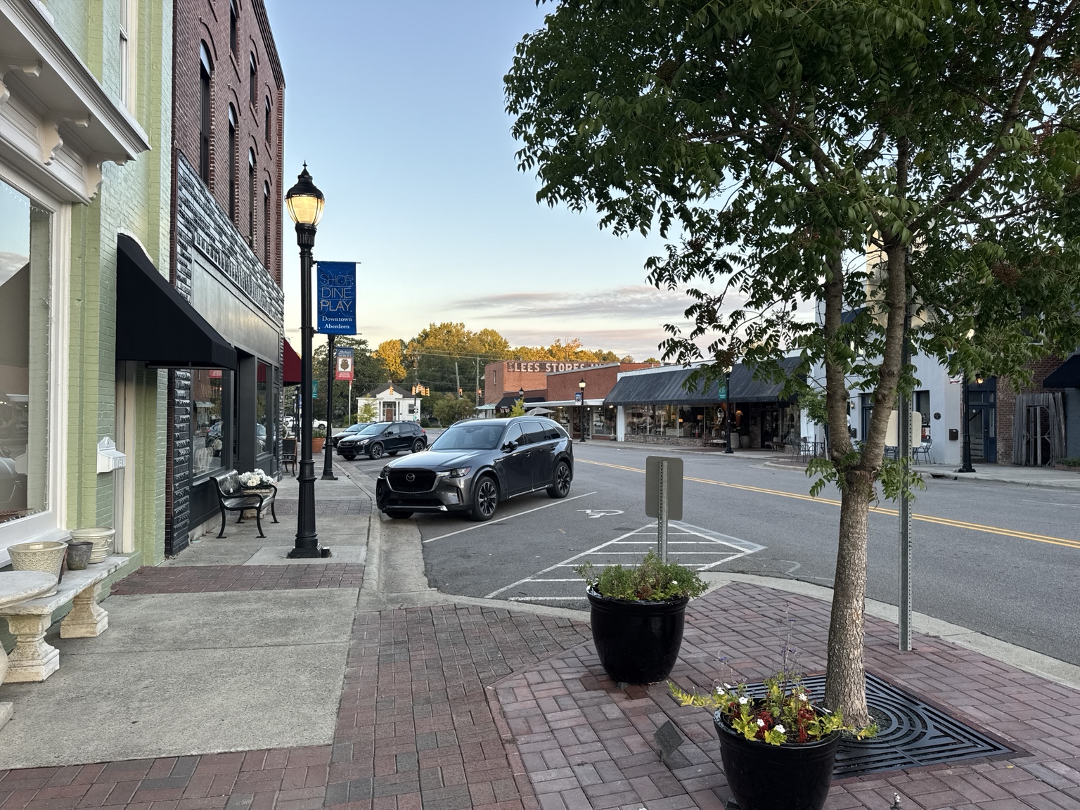 Storefronts with potted flowers along downtown Aberdeen