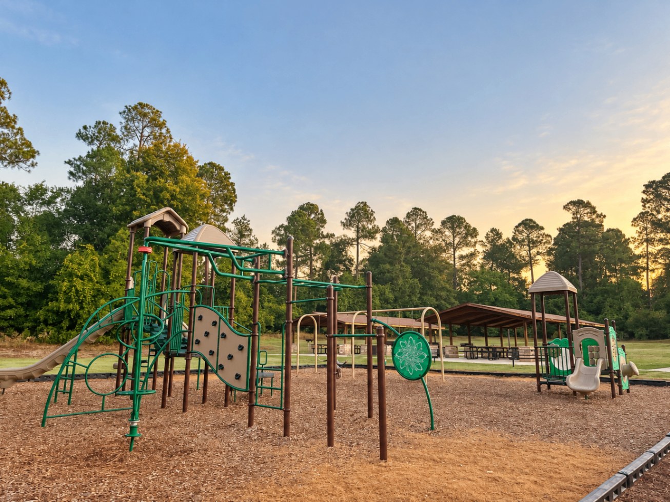 Playground and picnic shelters at Foxfire Village Green at golden hour