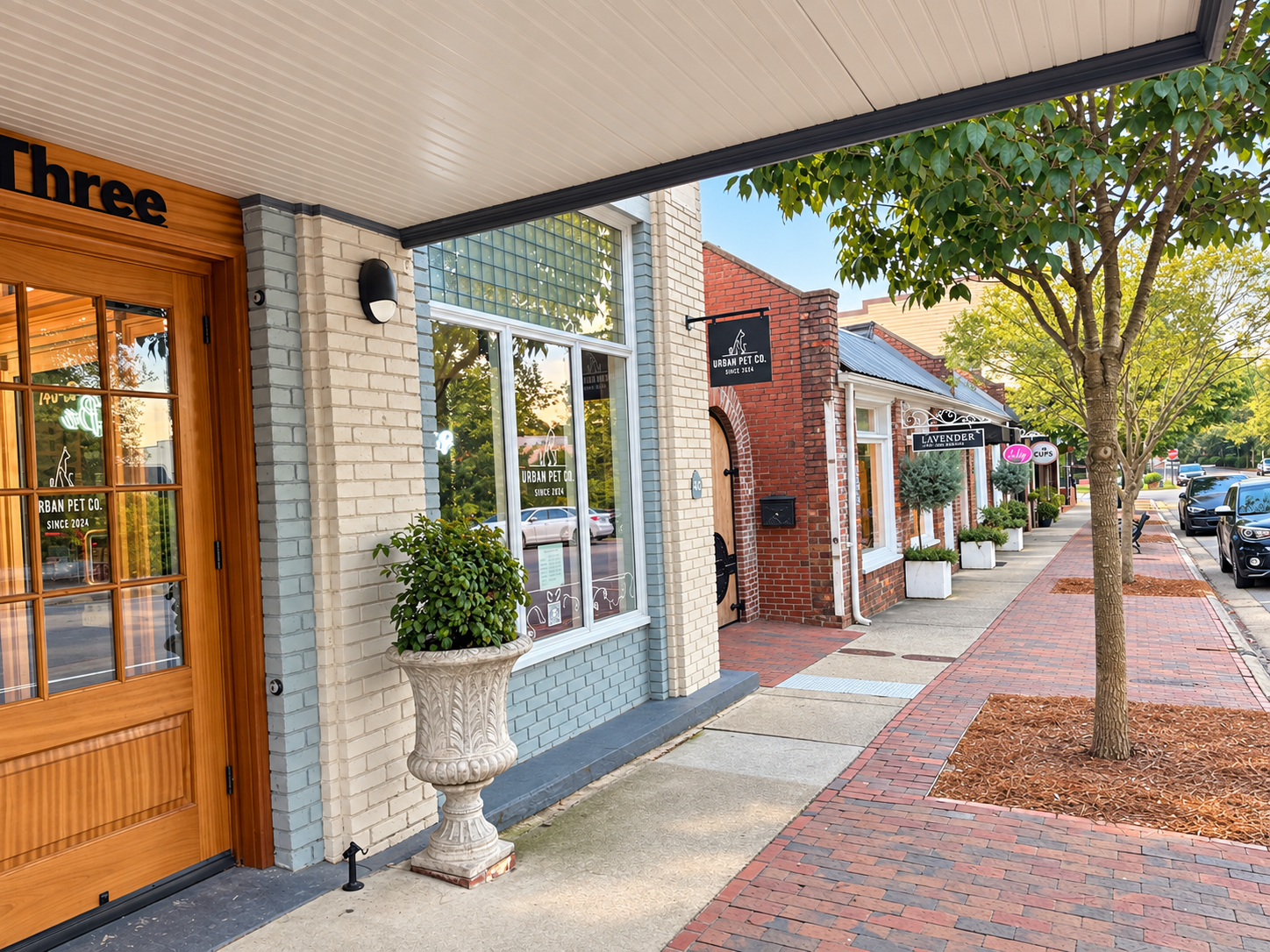 Independent shops and brick sidewalks in downtown Southern Pines at golden hour