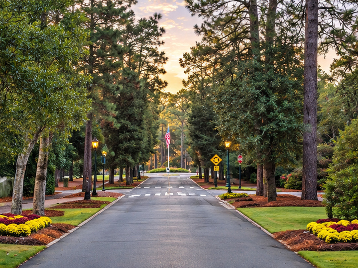 Tree-lined entrance road to Pinehurst with an American flag and autumn mums