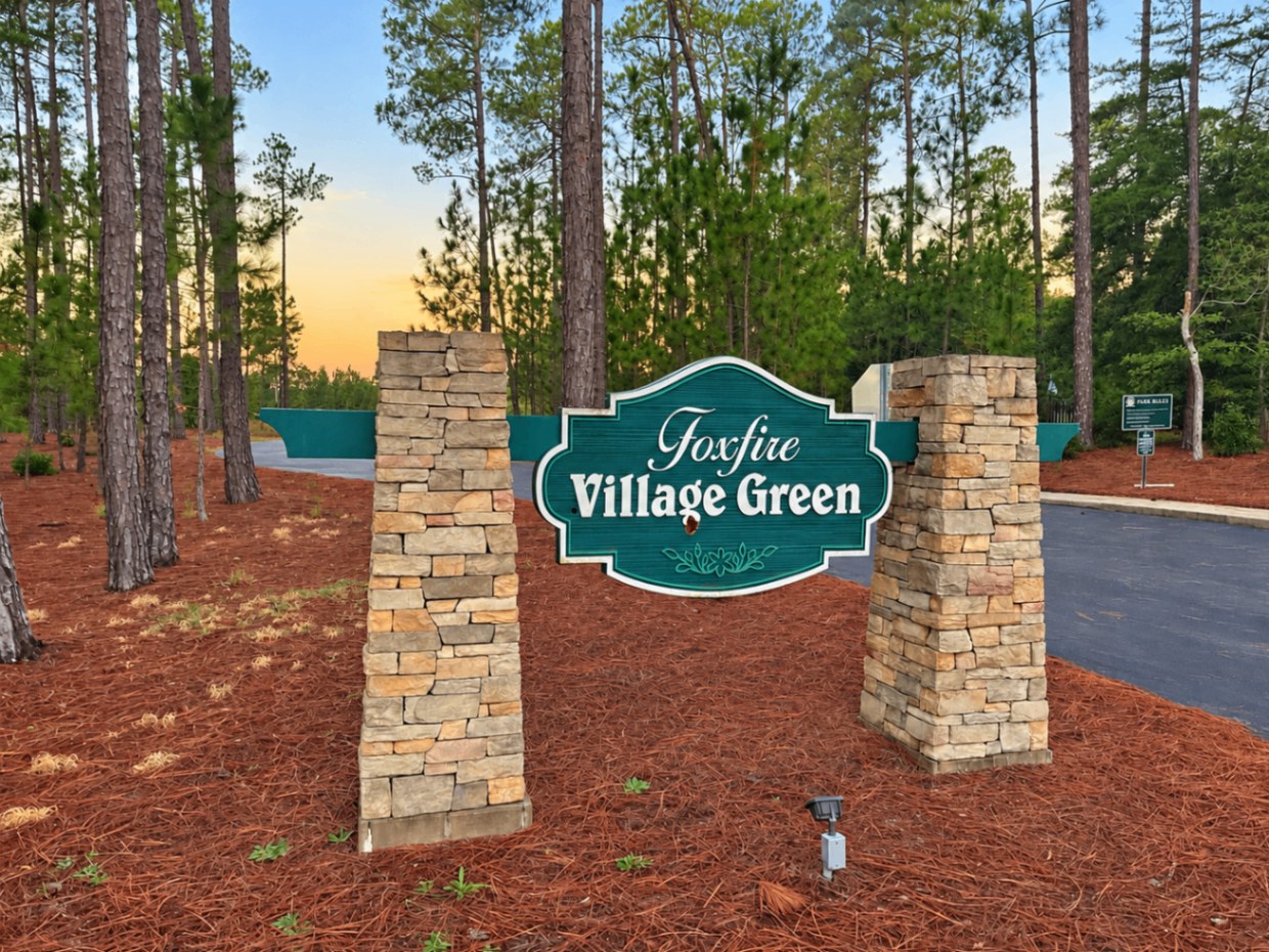 Foxfire Village Green stone-pillar entrance sign beneath tall pines at sunset
