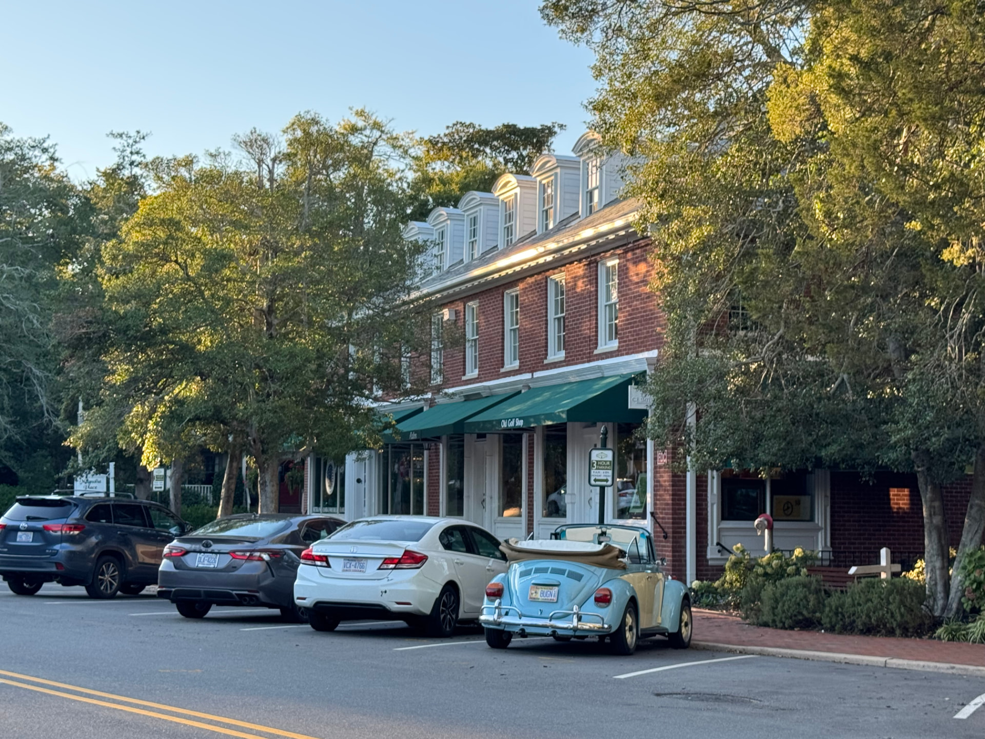 Downtown Pinehurst streetscape with a vintage Volkswagen convertible