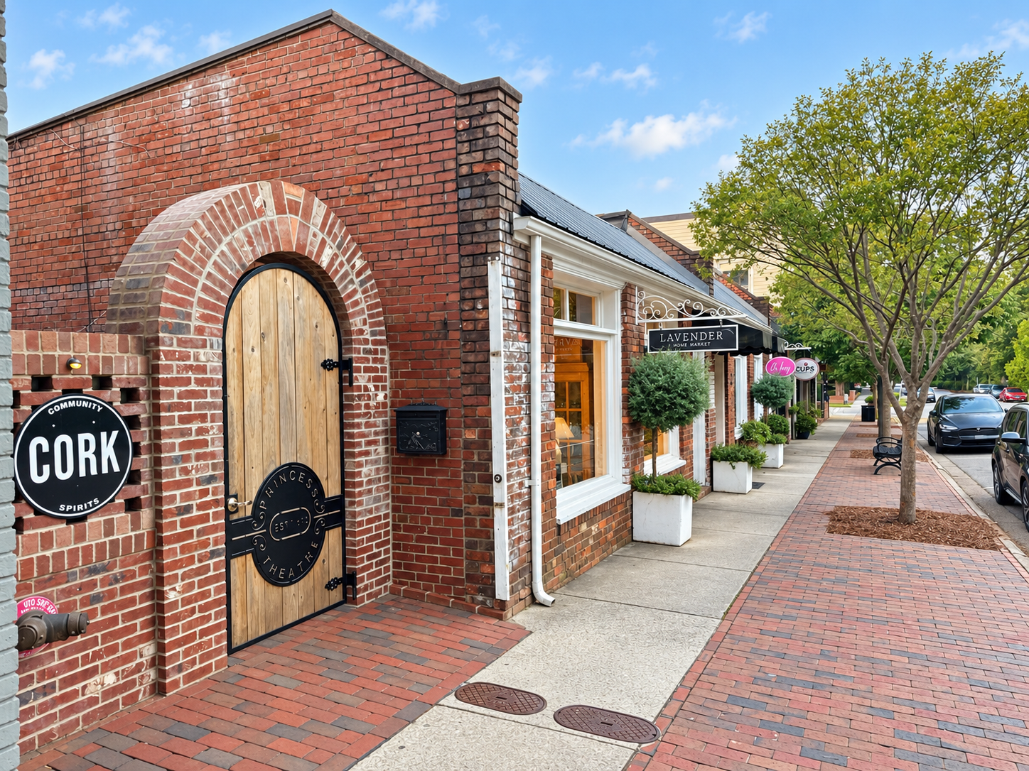 Brick storefronts and local shops along a tree-lined sidewalk in downtown Southern Pines