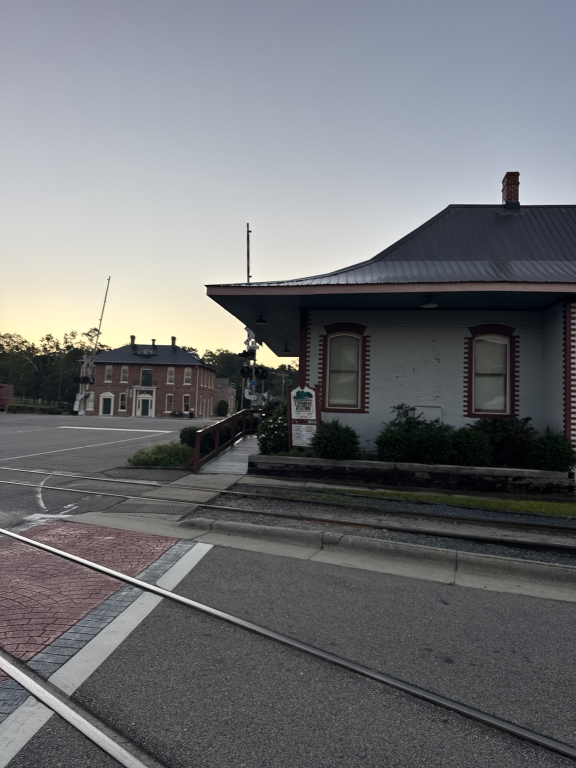 Historic railroad station in Aberdeen at dusk