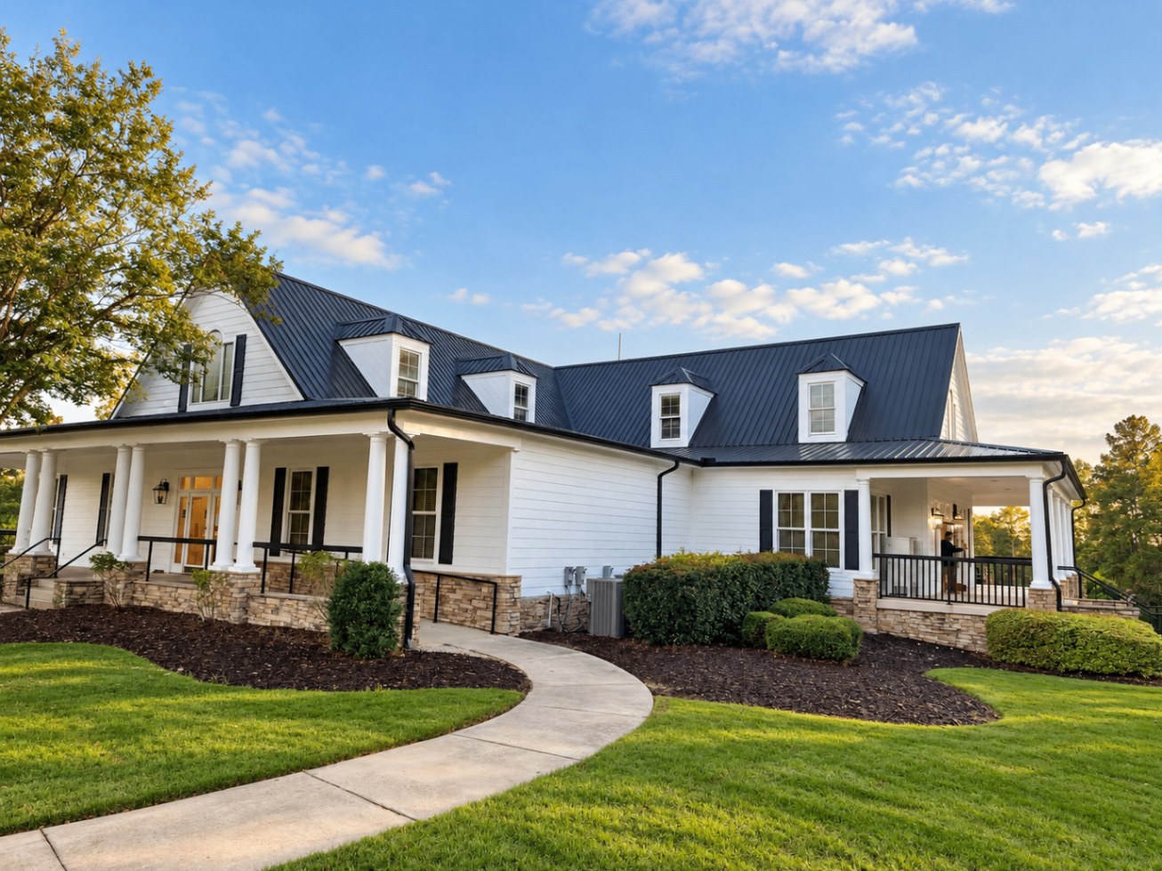 White Foxfire clubhouse with wraparound porch and dormers under a blue sky